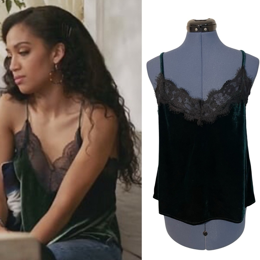 Green Velvet Black Lace Trim Spaghetti Strap Crop Tank ASO All American XMAS‎ L